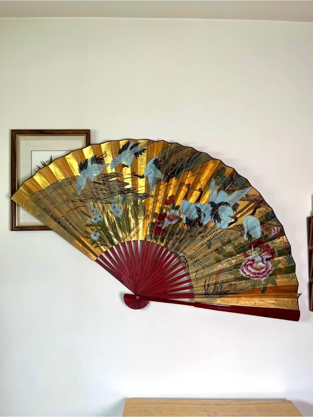 Vintage XL Handpainted Chinese Fan Wall Decor 54”